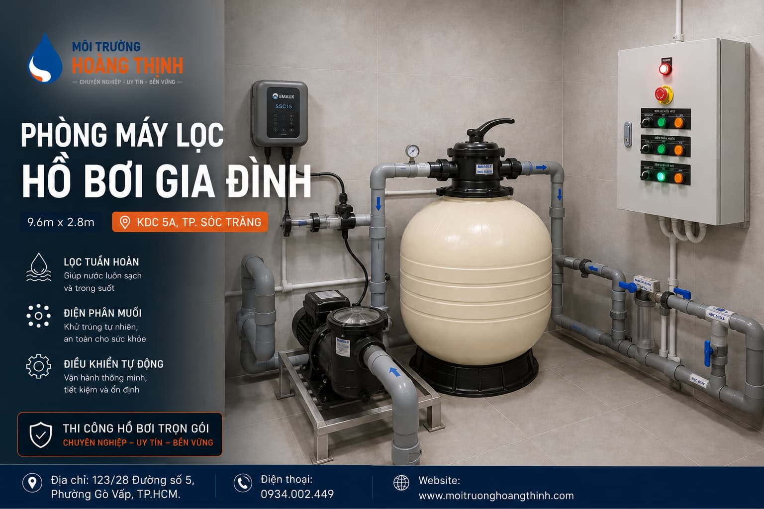 Dự án hồ bơi gia đình 9.6m x 2.8m tại KDC 5A, TP. Sóc Trăng